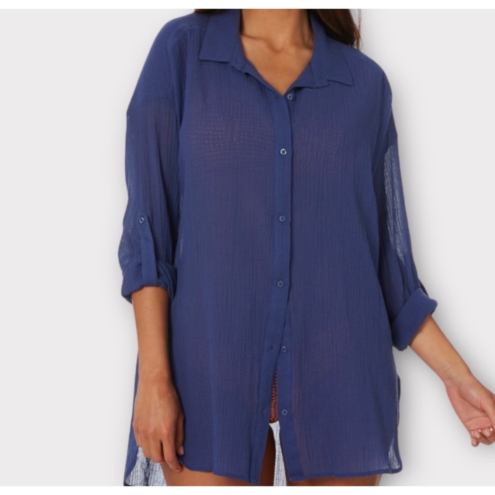 Seafolly Classic Beach Shirt Blue Cotton Gauze Button Down Size S